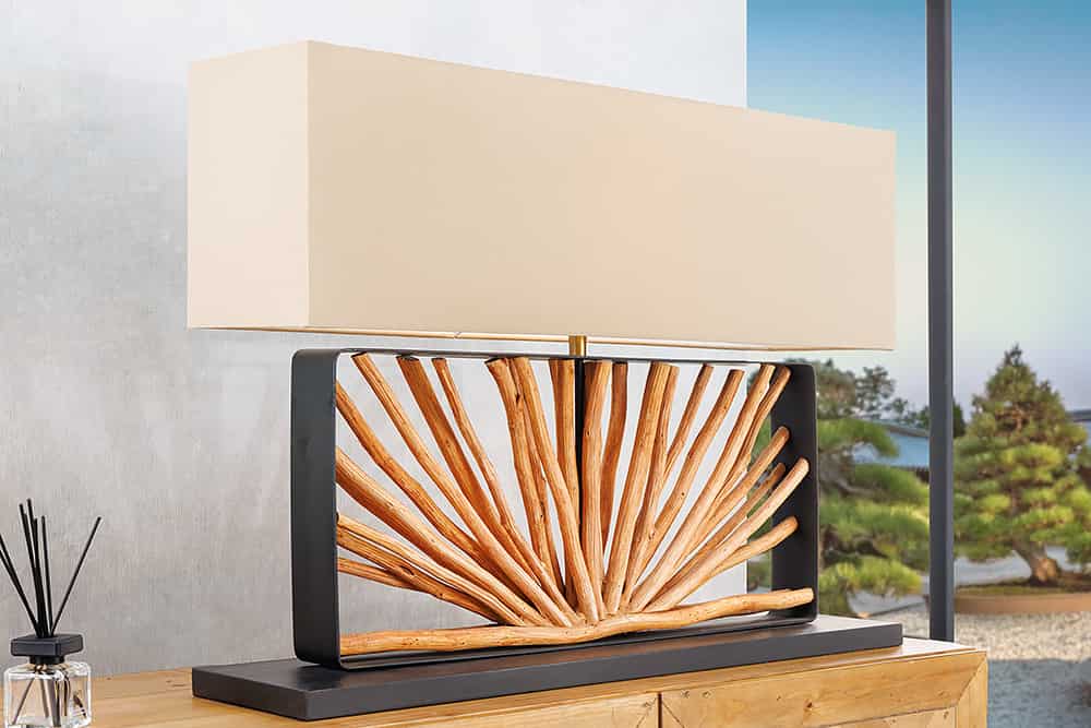 Handgefertigte Tischlampe EUPHORIA 80cm natur Longanholz beige mit Leinenschirm