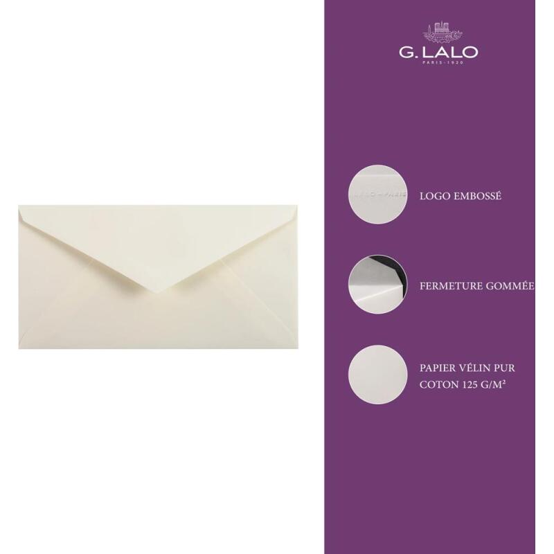20 enveloppes DL(110x220mm) Vélin pur coton gommées - Crème