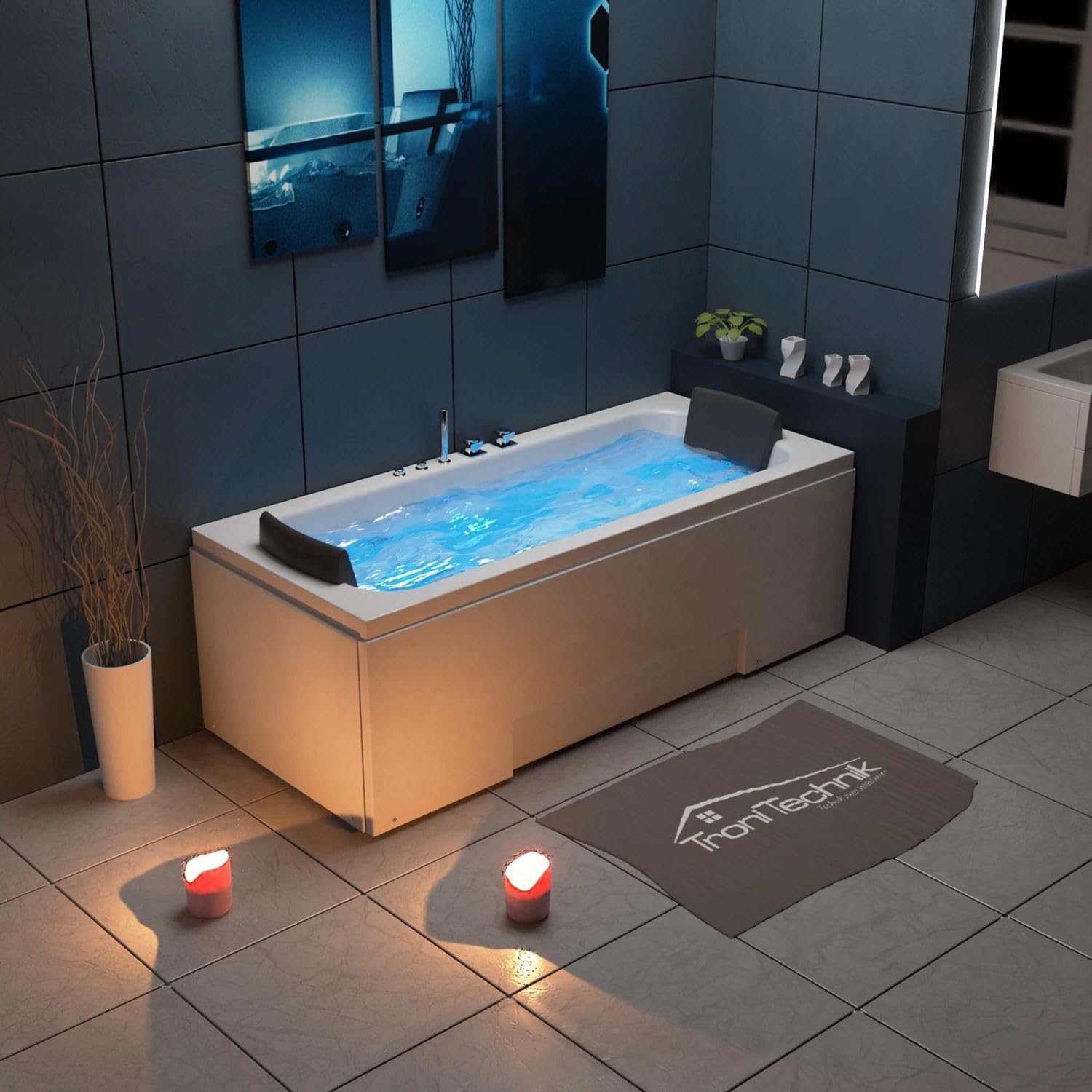 Tronitechnik® Badewanne IOS mit Whirlpool 170cmx75cm, Acrylwanne für Zwei Personen, Whirlpoolwanne mit Armatur, freistehend und vormontiert, Indoor Whirlpoolbadewanne mit LED