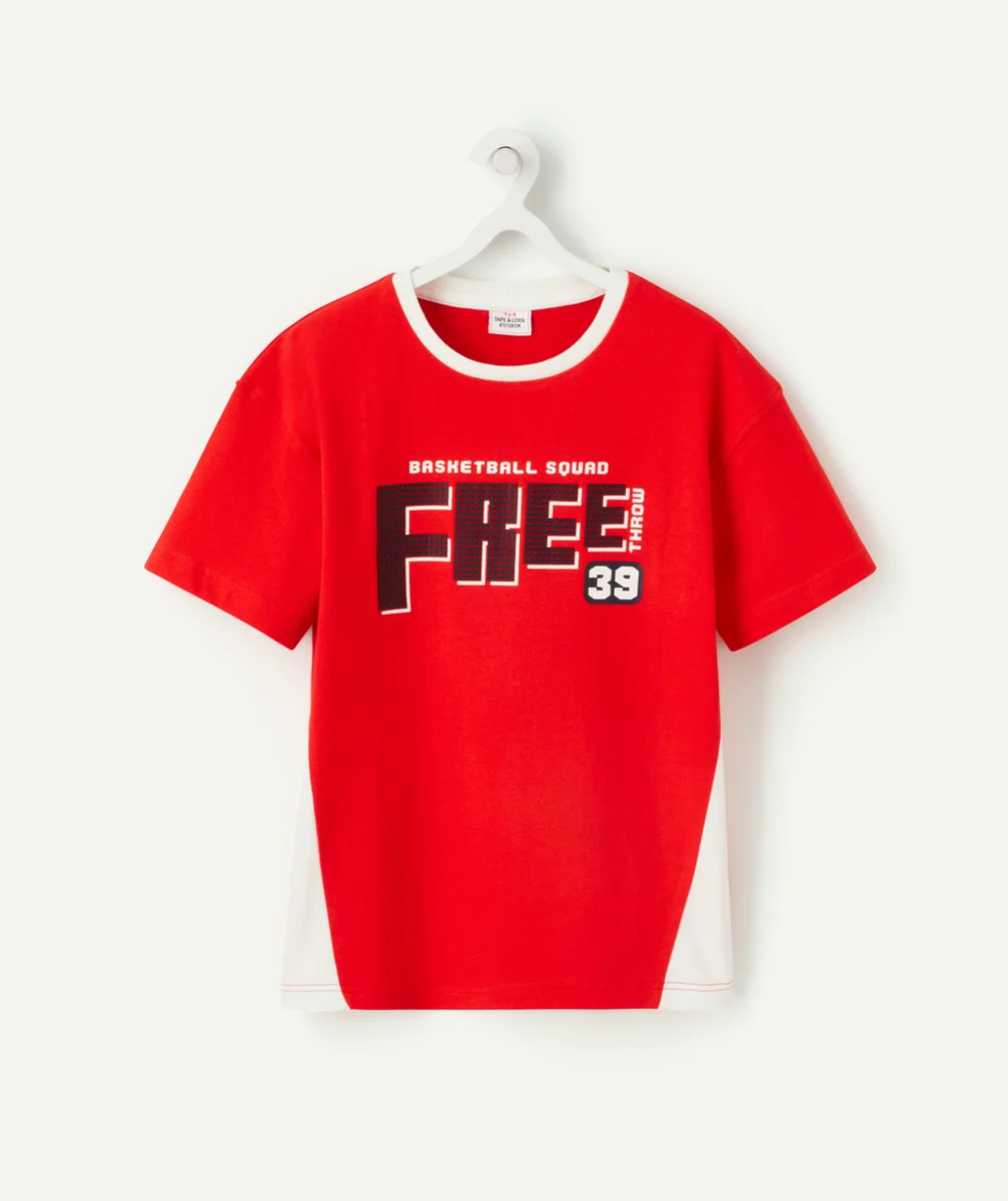 T-SHIRT GARÇON EN FIBRES RECYCLÉES ROUGE AVEC MESSAGE