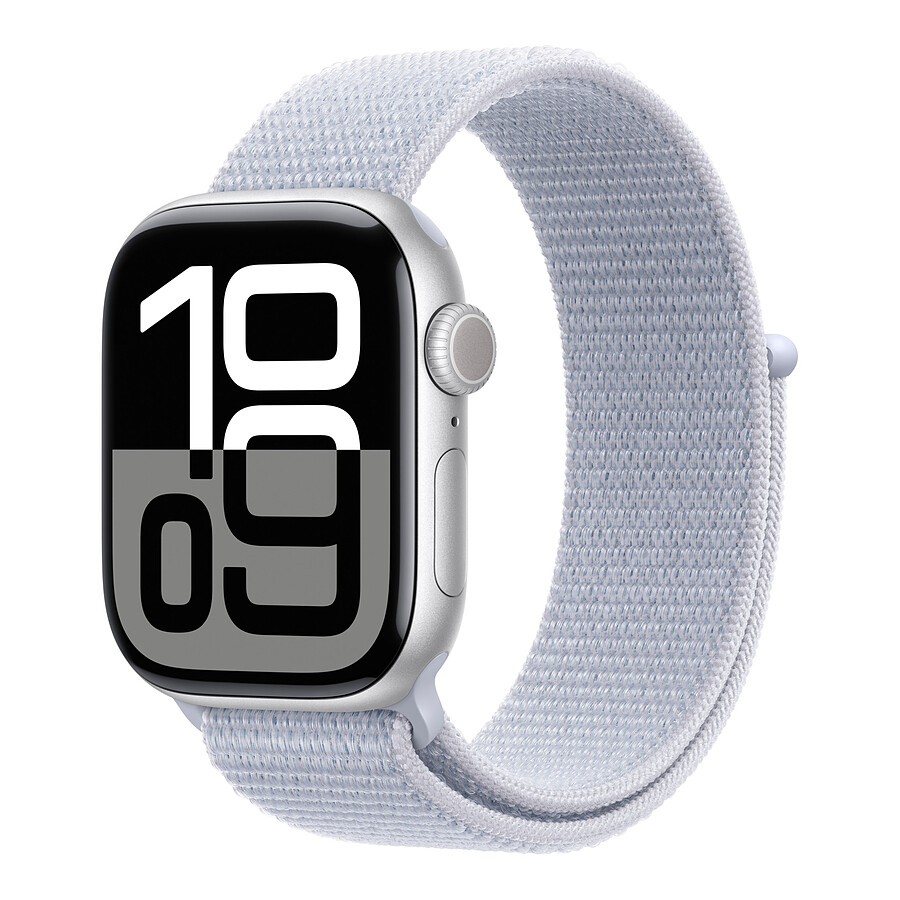 Apple Watch Series 10 GPS + Cellular - Aluminium Argent - Bracelet Sport Textile Nuée Bleue - 42 mm