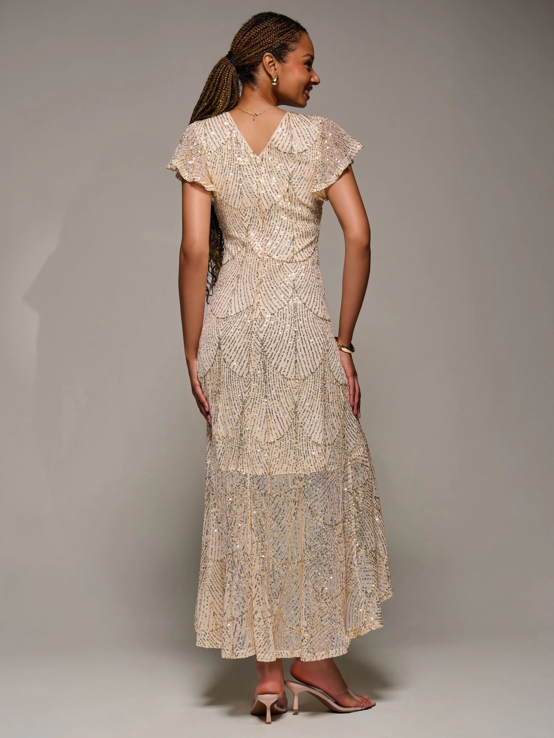 Jolie Moi Frill Short Sleeve Sequin Maxi Dress