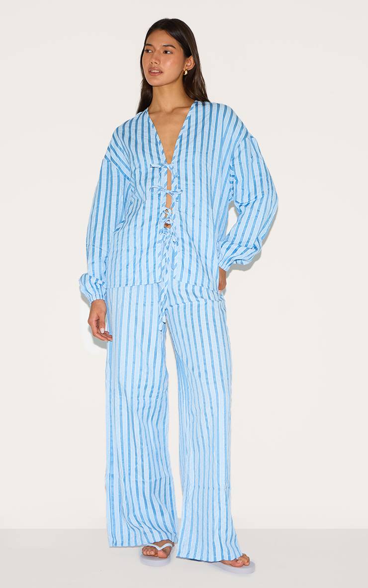 Bleu Chemise Texturée À Rayures Avec Nœud Devant