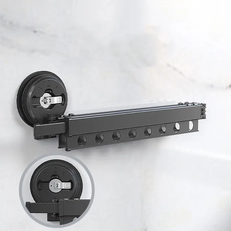 (130cm) Metall Wand Wäscheständer Klappbare Kleider Stange mit Saugnapf - Schwarz