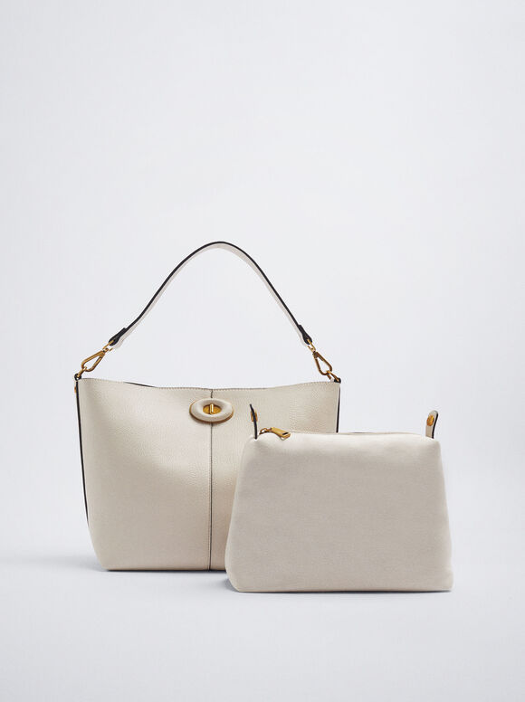Bolsa de ombro com nécessaire removível - Branco-creme