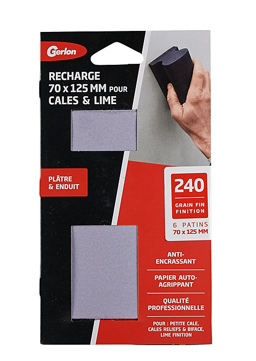 Recharge 6 patins pour petite câle plâtre et enduit 240 grain fin finition Gerlon L.12,5 x l.7 cm