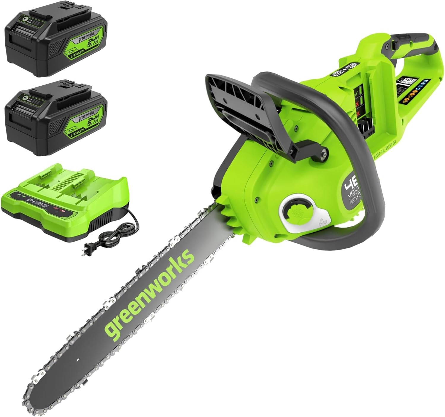 Greenworks 48V (24V x 2) Akku Kettensäge mit bürstenlosem Motor, 35cm Blattlänge, 20 m/s Kettengeschwindigkeit, Auto-Öler, Mit zwei 4Ah Akkus & Doppel-Ladegerät, 3 Jahre Garantie-GD24X2CS36K4X