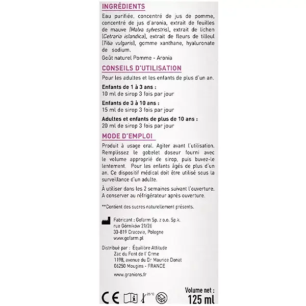Granions Kid Toux Dès 1 an Goût pomme Aronia Sirop 125 ml