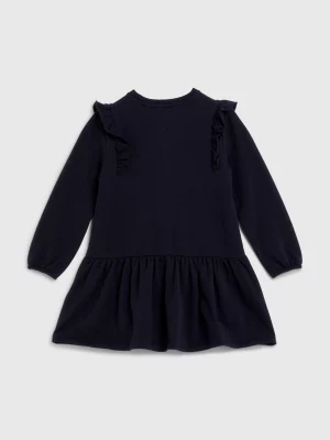 Vestido com babados, modelagem acinturada e saia evasê