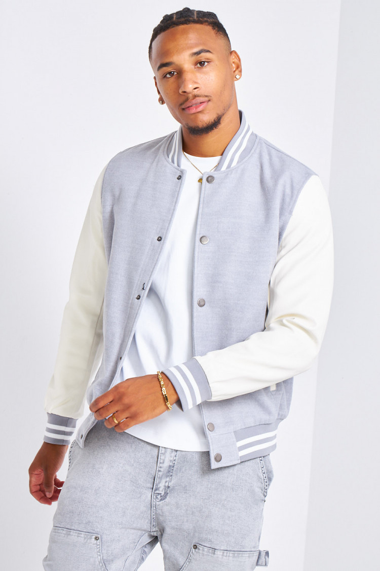 Bomber gris en simili cuir et laine