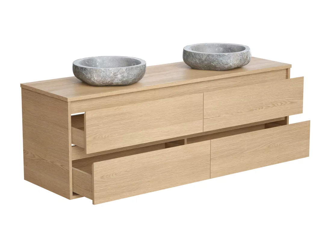 Meuble de salle de bain suspendu avec double vasque à poser en pierre - Placage chêne - 150 cm - MILIPAM
