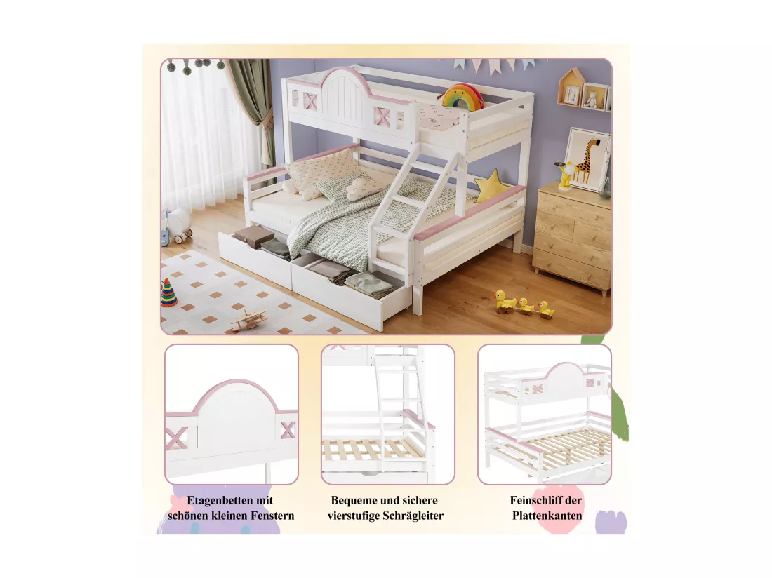 Lits superposés 140 x 200 cm + 90 x 200 cm avec 2 tiroirs, échelle inclinée et barrières - Bois pin + MDF - Blanc + rose