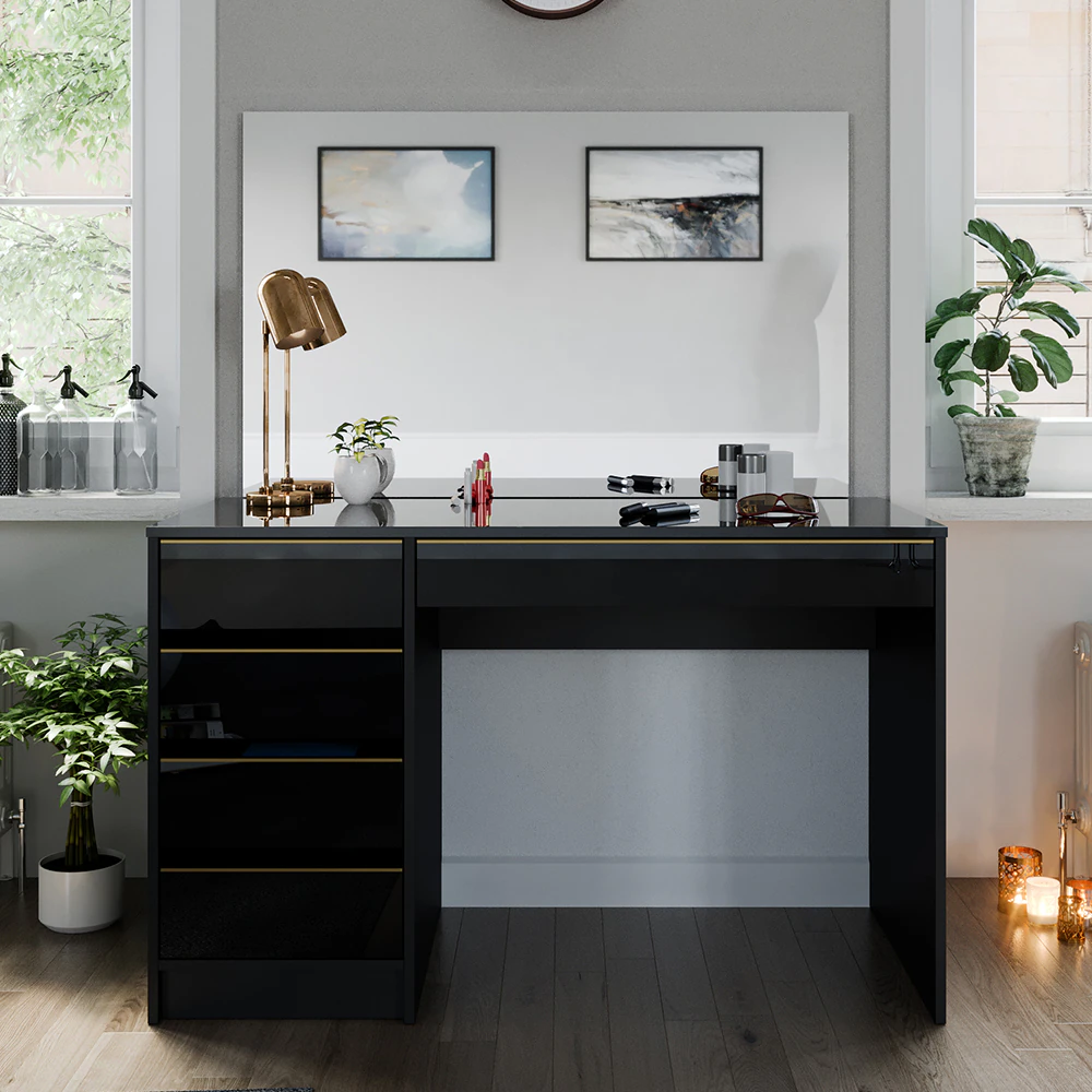 Vicco Schminktisch Sherry Schwarz Hochglanz Gold 120 x 75 cm 5 Schubladen Spiegel