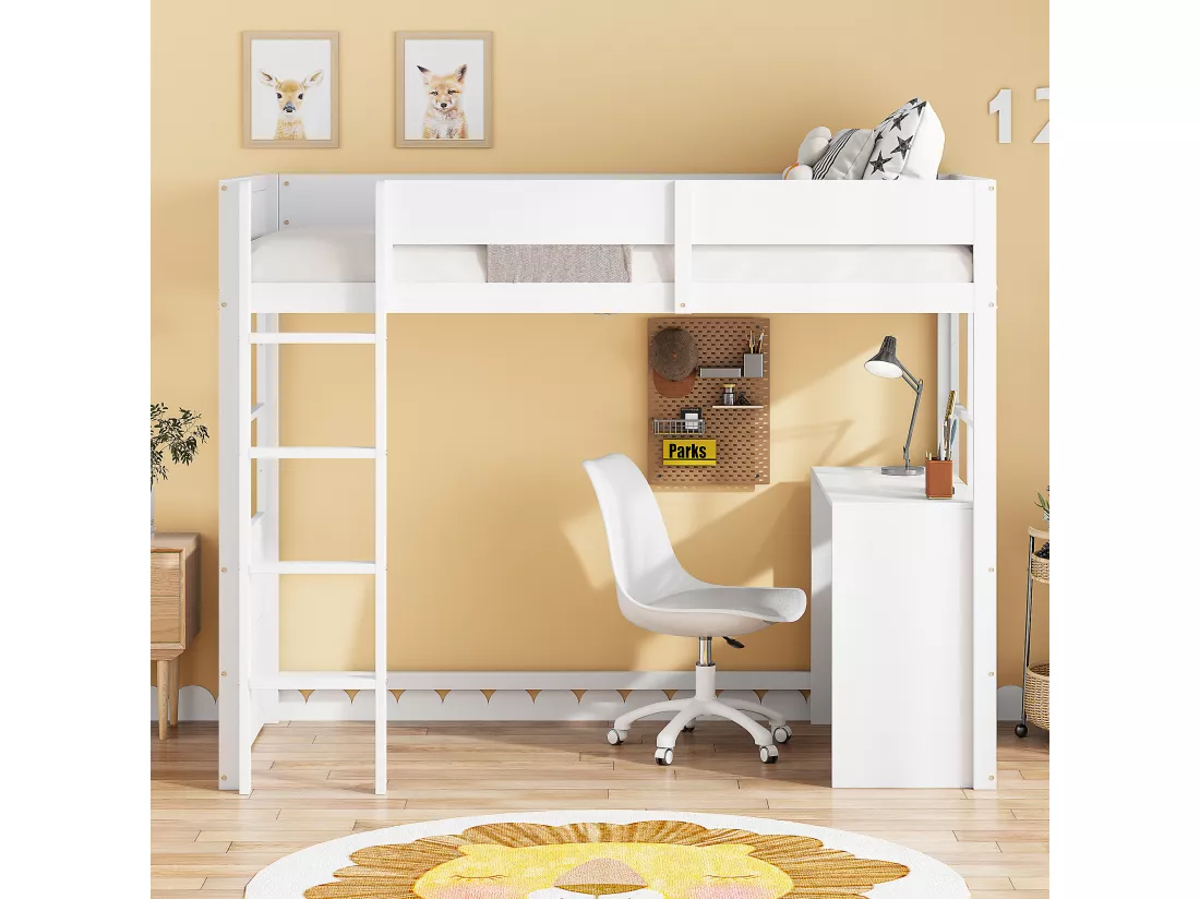 Lit mezzanine 90 x 200 cm avec avec bureau & échelle - bois MDF - blanc (sans matelas)