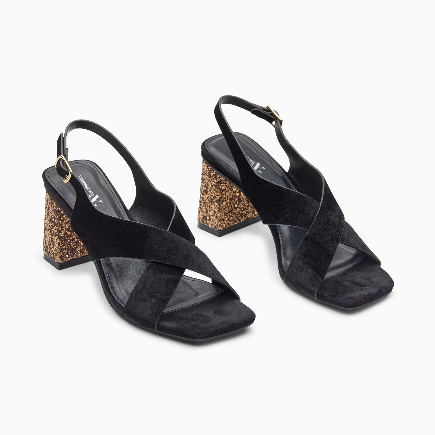 Sandales à talon, Compensées-Sandales Milan noires à brides croisées et talon bronze pailleté