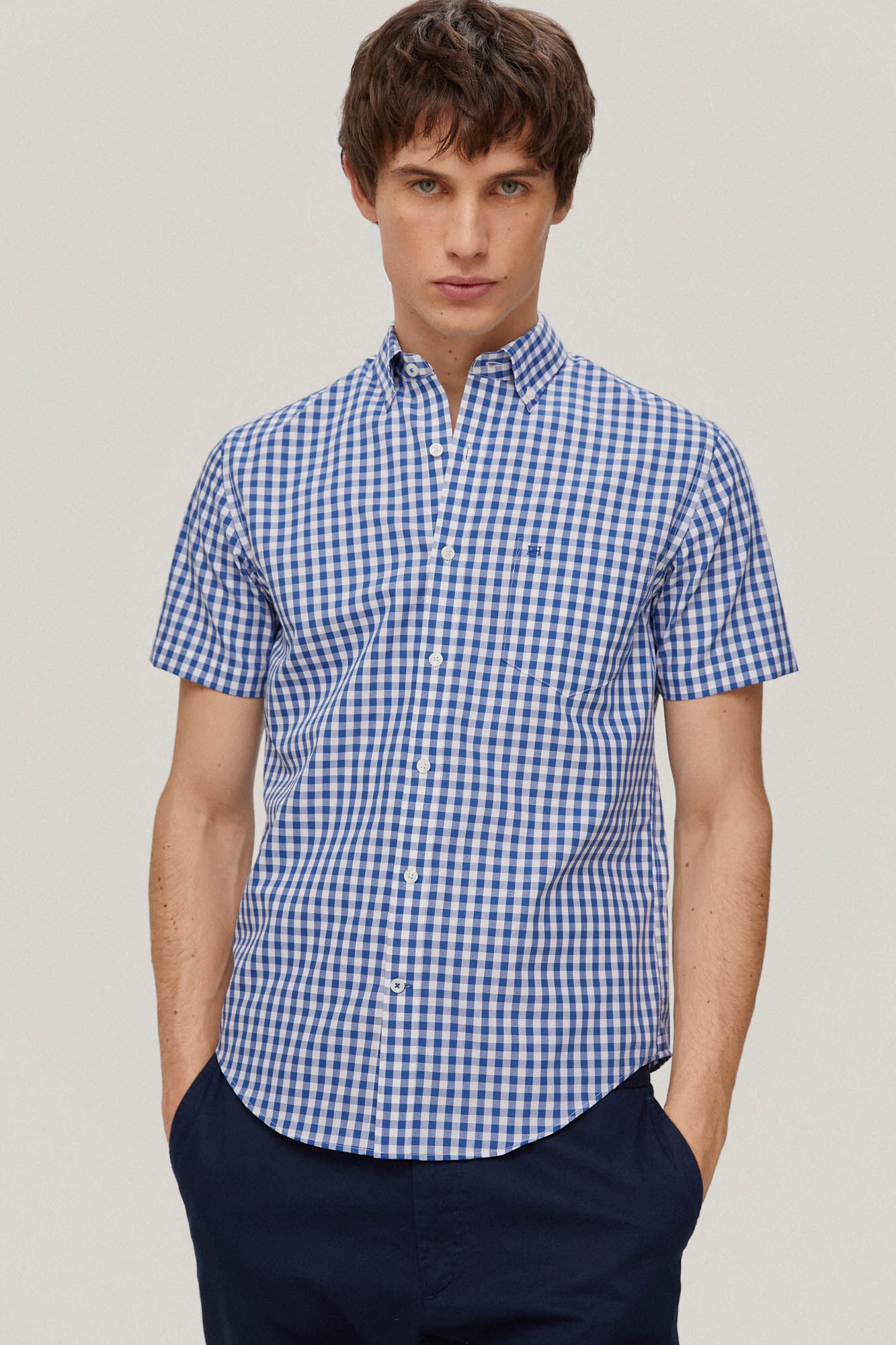 Camisa xadrez de manga curta que não precisa passar - Azul