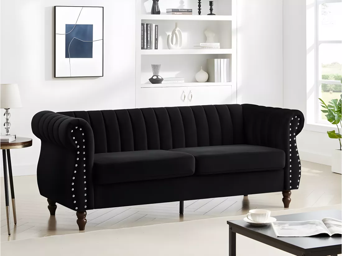 Canapé chesterfield 3 places en velours noir TRUMBO