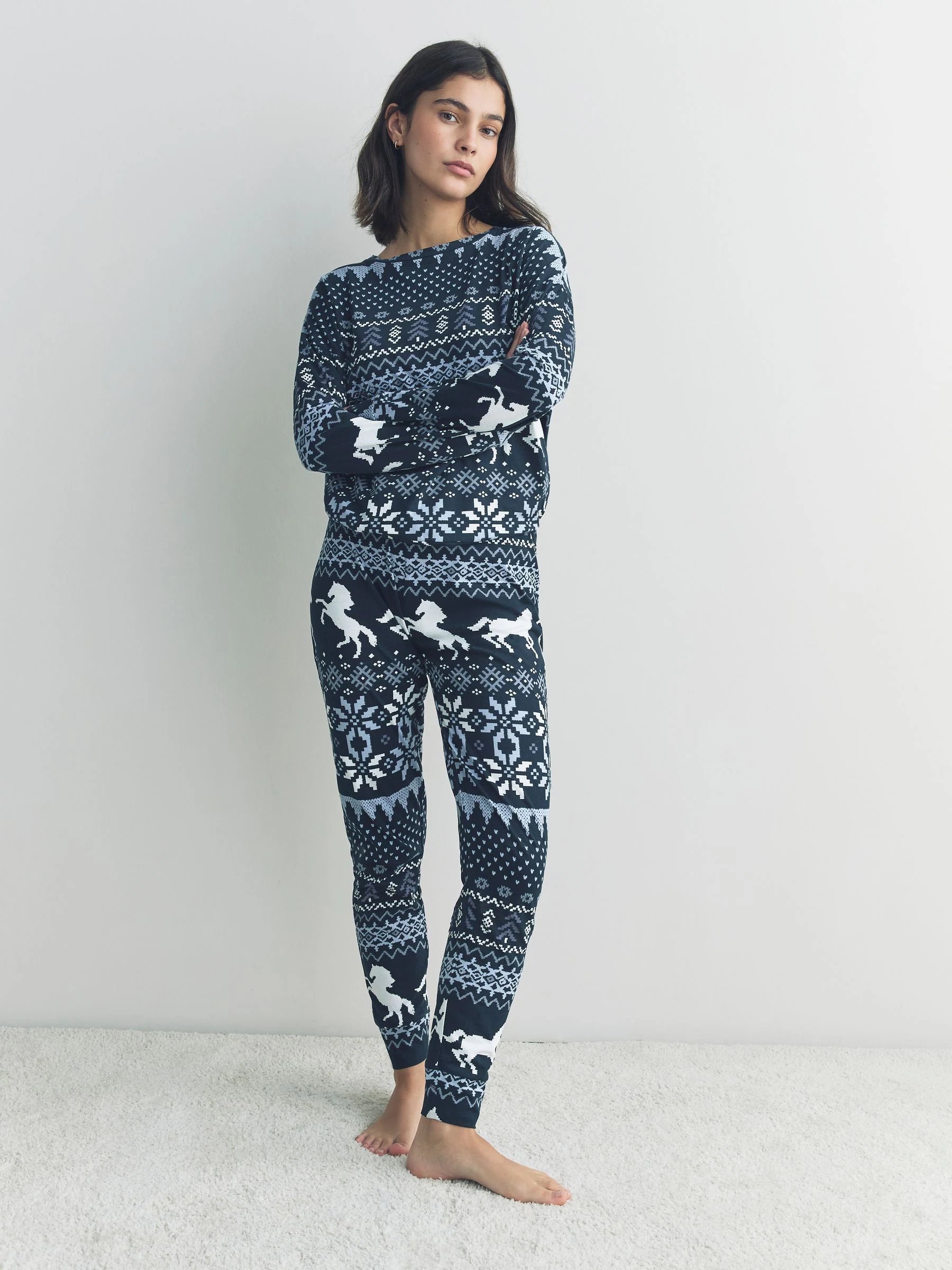 Marineblauwe paarden Print - Pyjama met lange mouwen