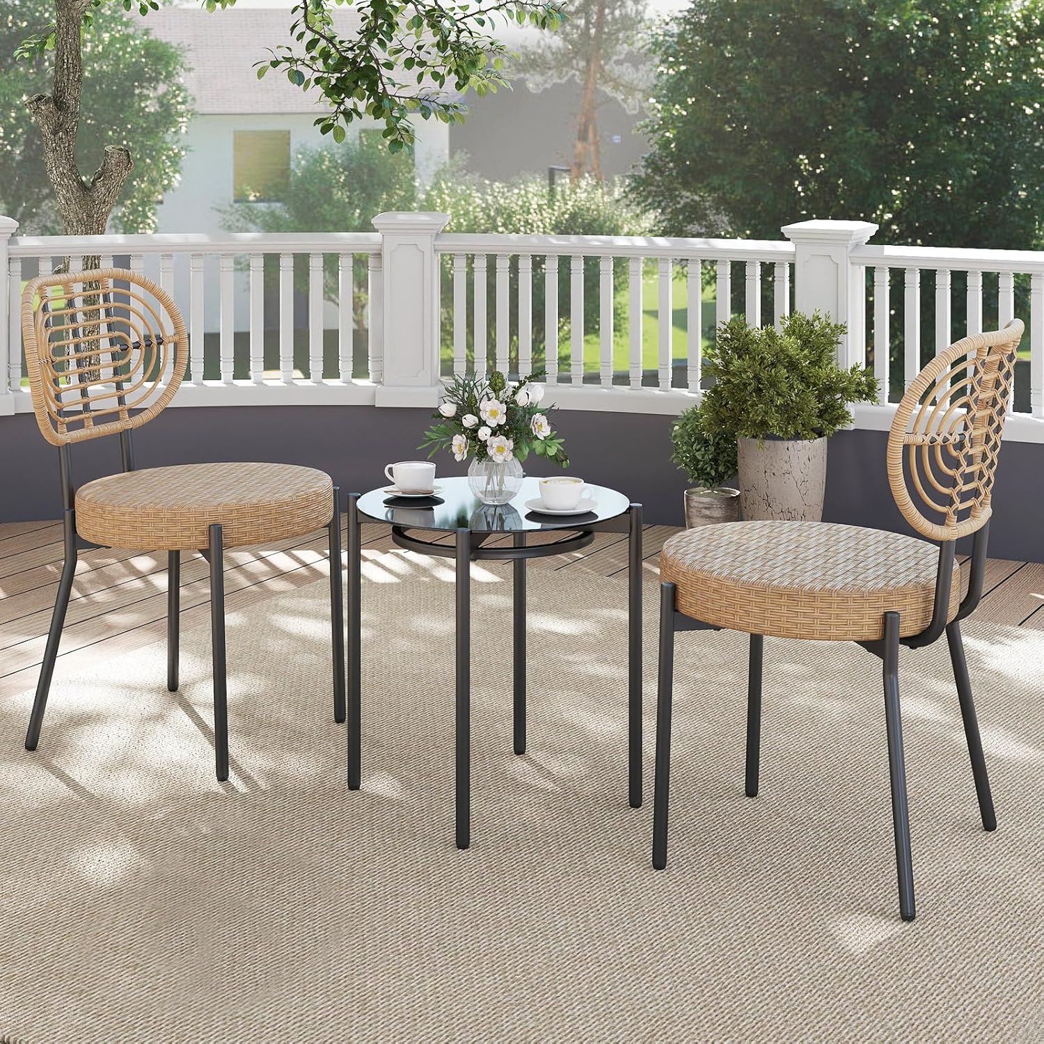 COSTWAY Rattan Gartenmöbel Set, Balkonmöbel Kleiner Balkon, 3-TLG. Balkonset mit 2 Stühle und 1 Tisch, Terrassenmöbel, Gartengarnitur für 2 Personen, Sitzgruppe für Garten, Terrasse