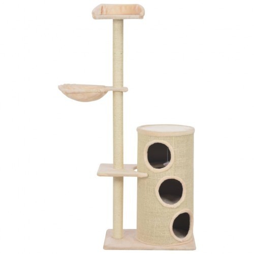 Arranhador bege para gatos com hastes de sisal.