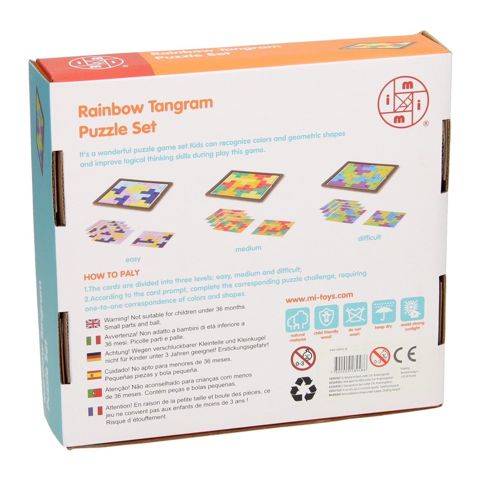 Houten Tangram Puzzel Regenboog Set, 64dlg.