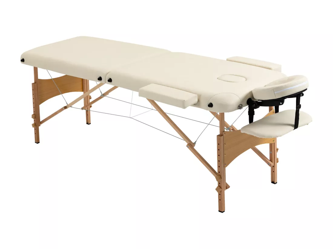 Table de massage pliante lit table de beauté 2 zones portable sac de tranport inclus hauteur réglable dim. 182L x 60l x 61-87H cm bois massif revêtement synthétique crème