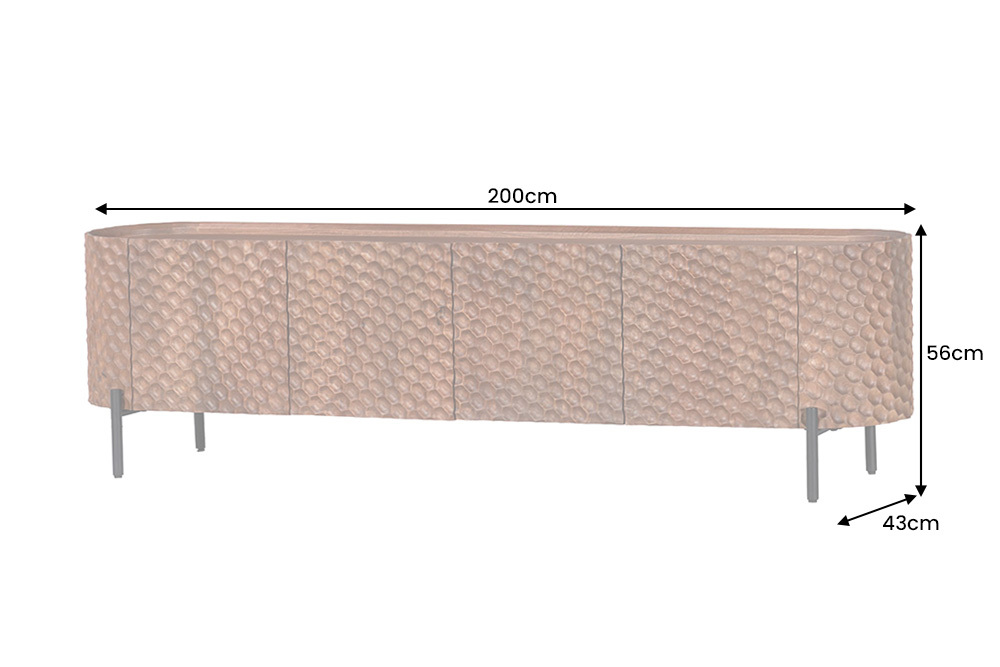 Massives TV-Board ADLON 200cm braun Mangoholz schwarz Metall Lowboard mit 3D- Front