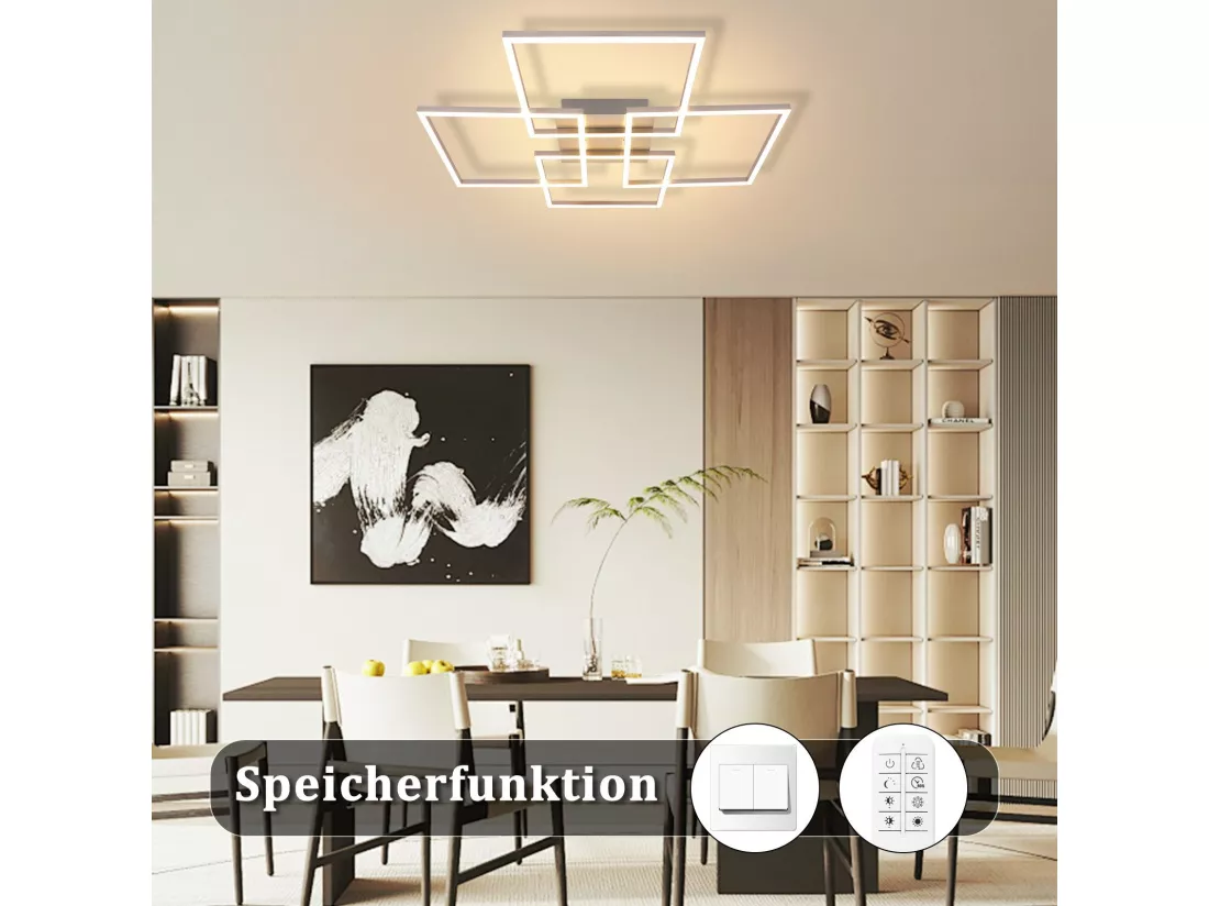 NETTLIFE Plafonnier LED Chambre Argent Dimmable 64CM 36W Géométrique Salon avec Télécommande