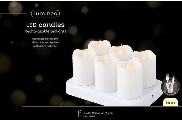 Lumineo - Led Kaars - Wit - Set van 6 - Oplaadbaar met 3D Vlameffect
