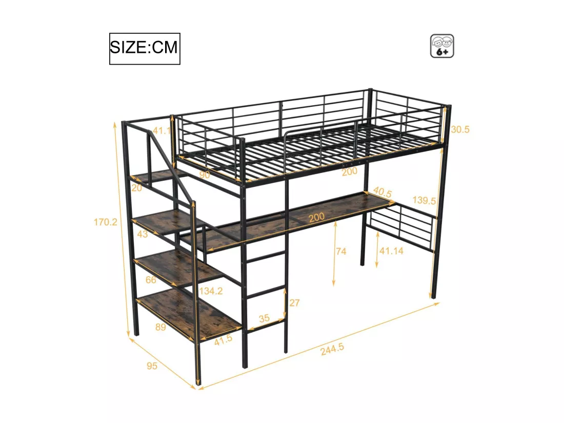 Lit mezzanine 90x200cm en métal - avec bureau et échelle de rangement - Noir