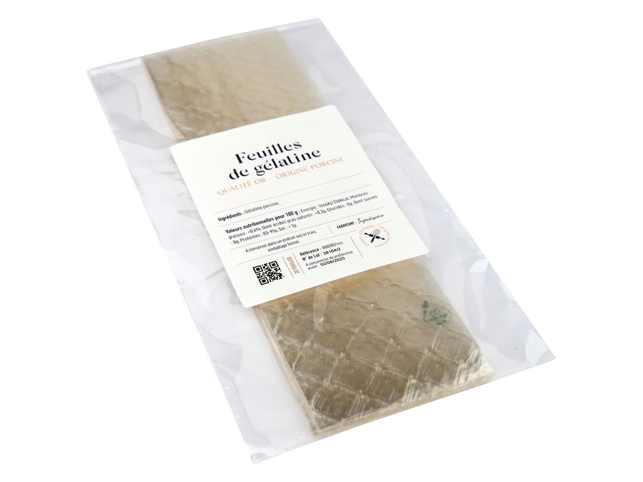 Feuilles de gélatine qualité or 210 bloom - origine porcine - 20 feuilles