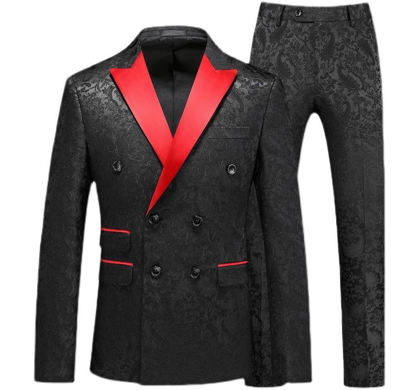 Sheck - Set: Peak Lapel Two Tone Paisley Double-Breasted Blazer + Mid Rise Straight Leg Dress Pants