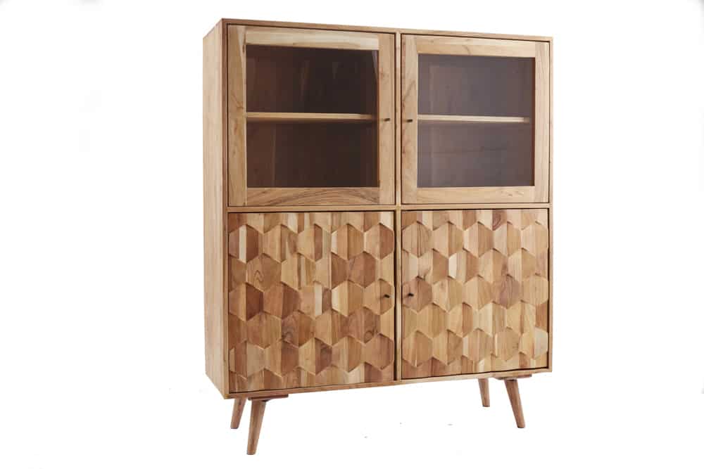Massivholz Highboard MYSTIC LIVING 140cm Akazie natur Vitrine 3D-Oberfläche