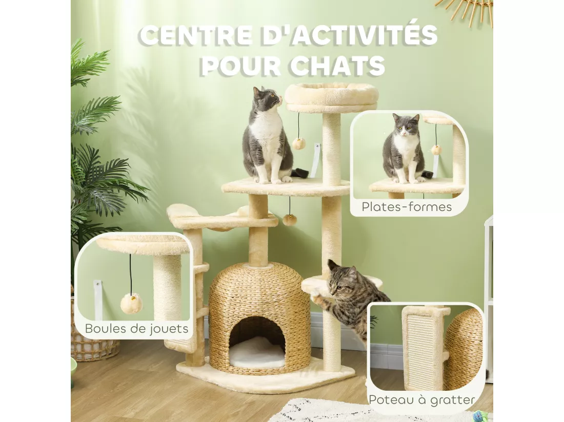 Arbre à chat style cosy chic - grande niche coussin, griffoir, grattoir, hamac, plateformes, boules - beige