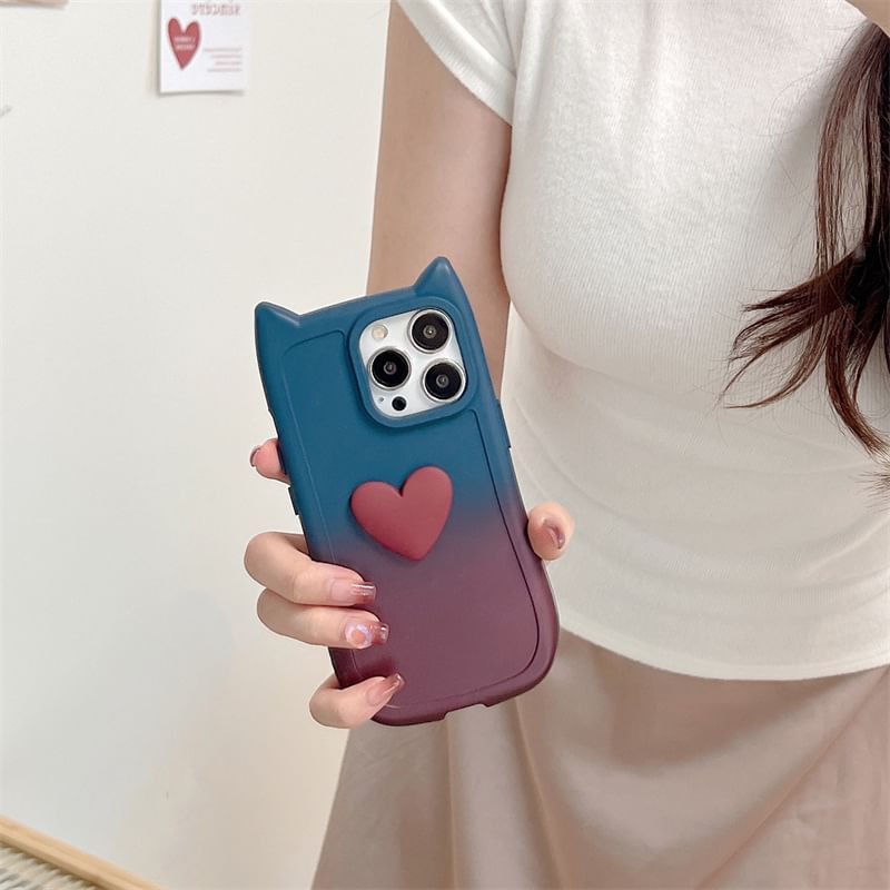 Tondephiry - Cat Ear Heart Applique Gradient Telefoonhoesje voor iPhone 16, 16 Plus, 16 Pro, 16 Pro Max, 15, 15 Pro, 15 Pro Max, 14, 14 Plus, 14 Pro, 14 Pro Max, 13, 13 Pro, 13 Pro Max