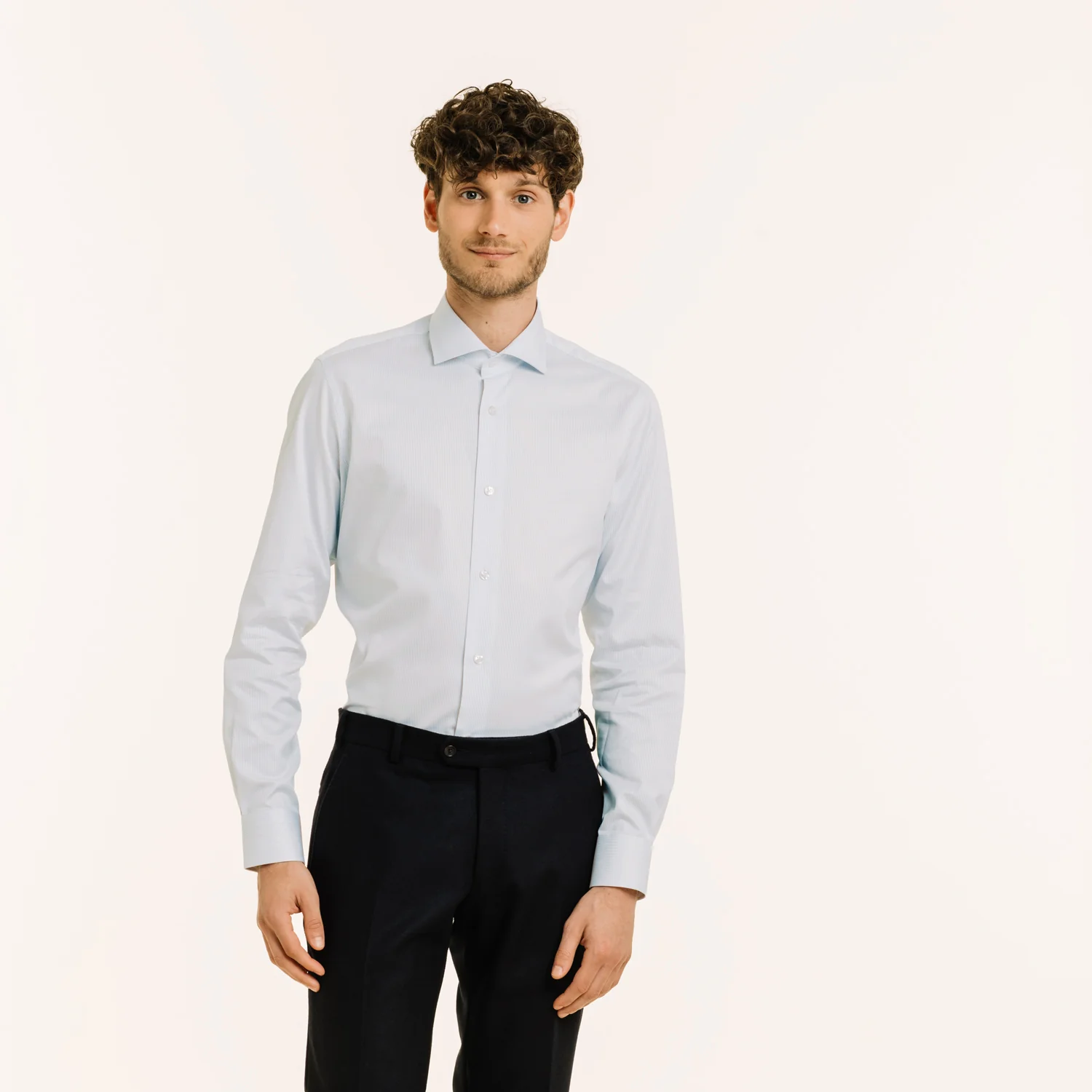 Double-twisted twill shirt with fine blue stripes
