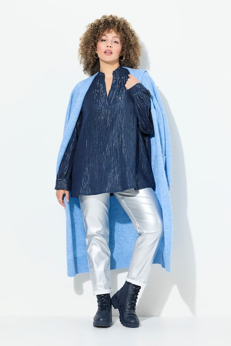 Bluse, Metallic-Streifen, A-Linie, V-Ausschnitt, Langarm