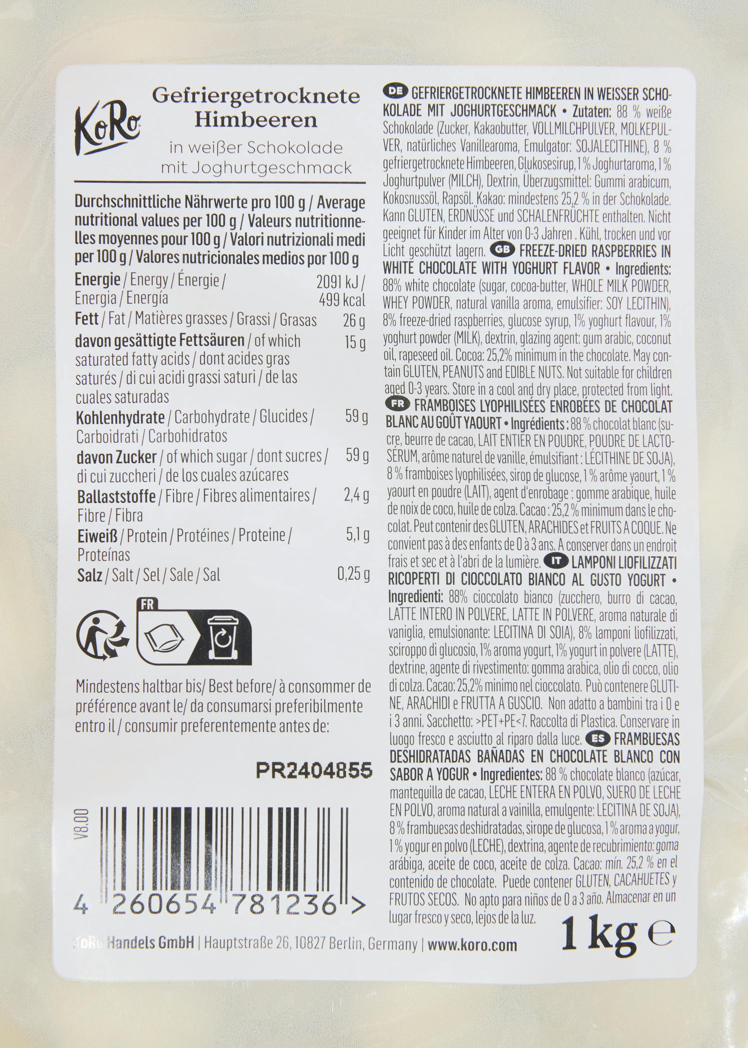 Gefriergetrocknete Himbeeren in weißer Schokolade 1 kg