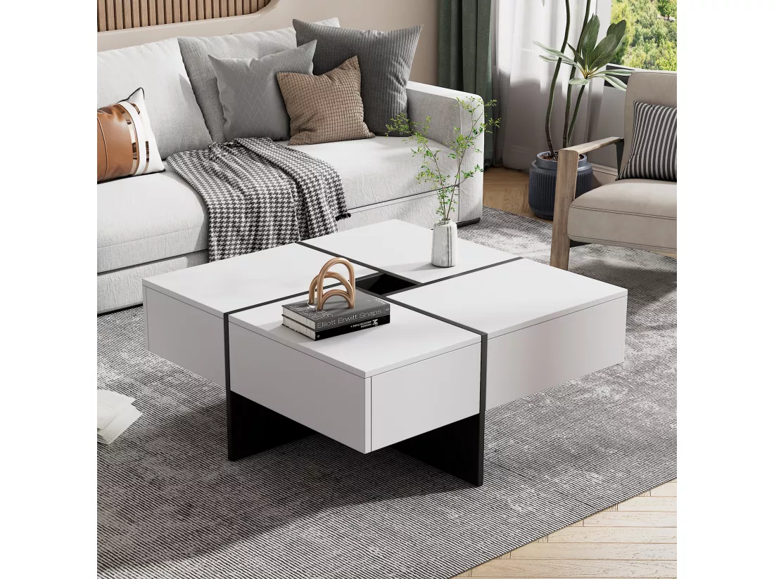 Table basse carrée moderne 70 x 70 x 35 cm - avec compartiment de rangement central de 10 x 10 cm – panneaux de particules - blanc