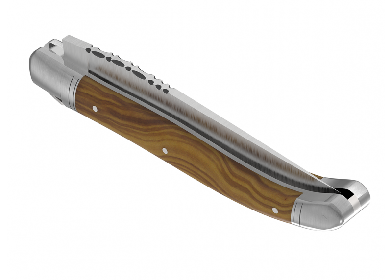 Couteau Laguiole avec un manche en bois d'olivier et 2 mitres en acier inoxydable