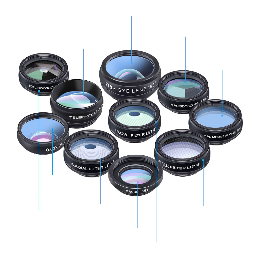 10in1 Universal Kamera Objektiv Set Weitwinkel / Fisheye / Makro etc. - Schwarz