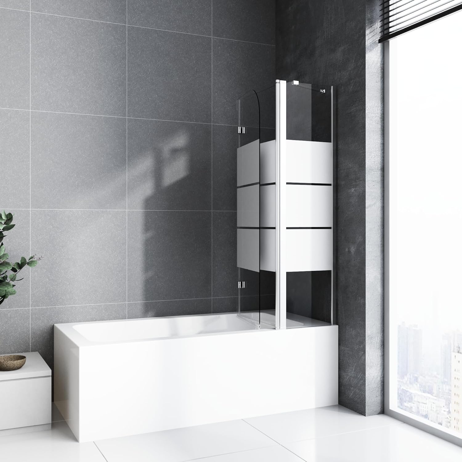 Duschwand für Badewanne mit Stabilisator und Festteil 2 teilig faltbar 140 x 140 cm Gestreift Badewannenfaltwand Duschtrennwand 6mm Nano Glas Duschabtrennung Badewanne