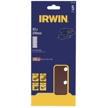Irwin schuurvel 230 x 93 mm K100 voor klembevestiging, met perforatie voorBosch, Skil, Gamma, Makita, Metabo, 5 stuks.