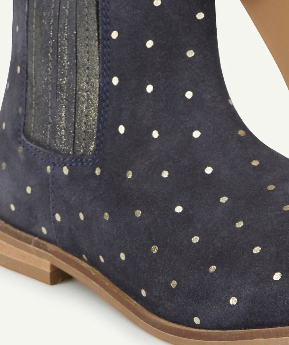 BOTTINES FILLE EN CUIR BLEU MARINE AVEC POIS COULEUR DORÉE