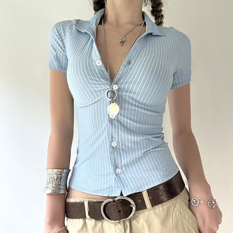 Honet - Gestreept slim-fit overhemd met korte/lange mouwen