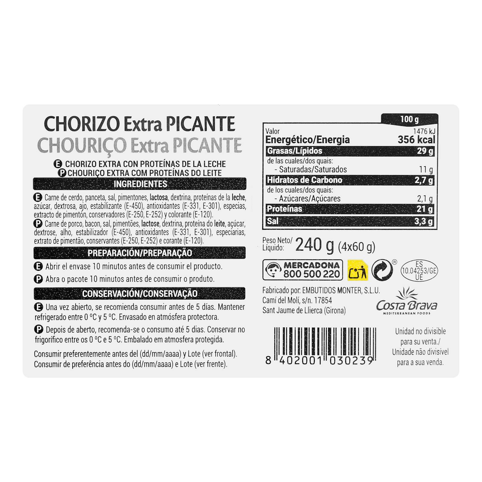 Tranches de chorizo extra épicé Hacendado
