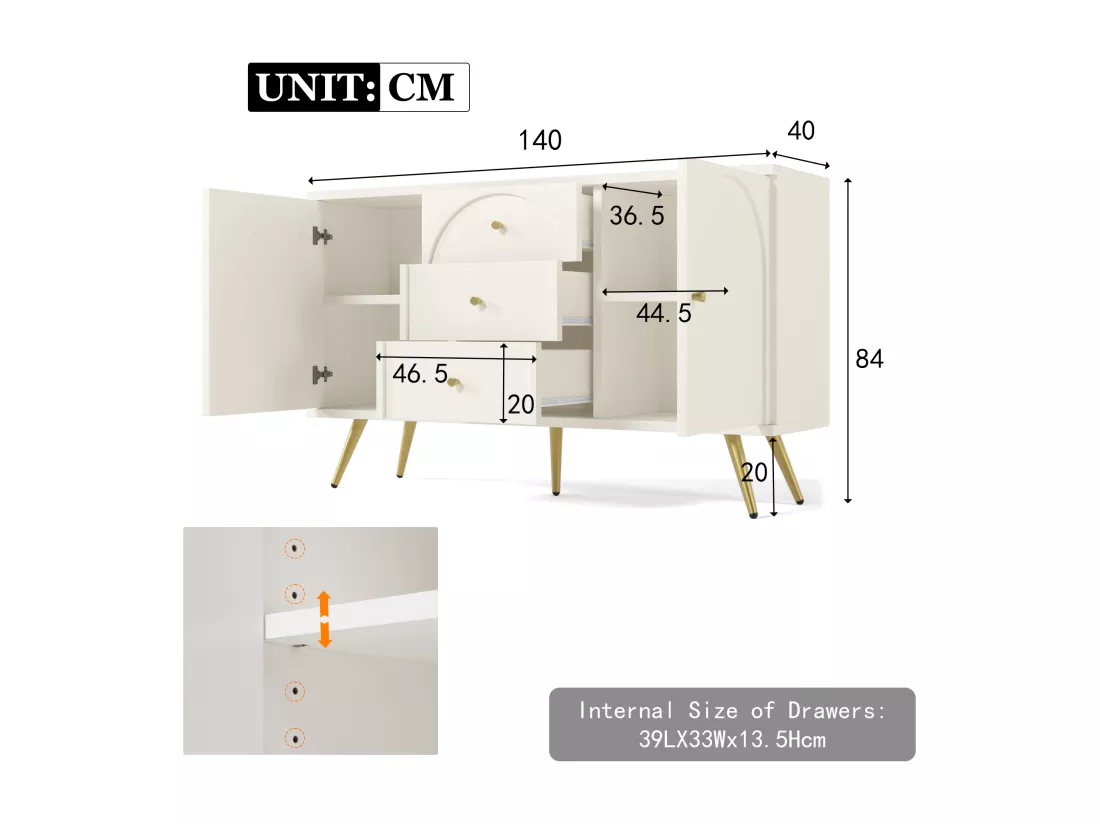 Commode avec 2 portes et 3 tiroirs, 140 x 40 x 84 cm, Panneaux de particules + métal, Blanc crème