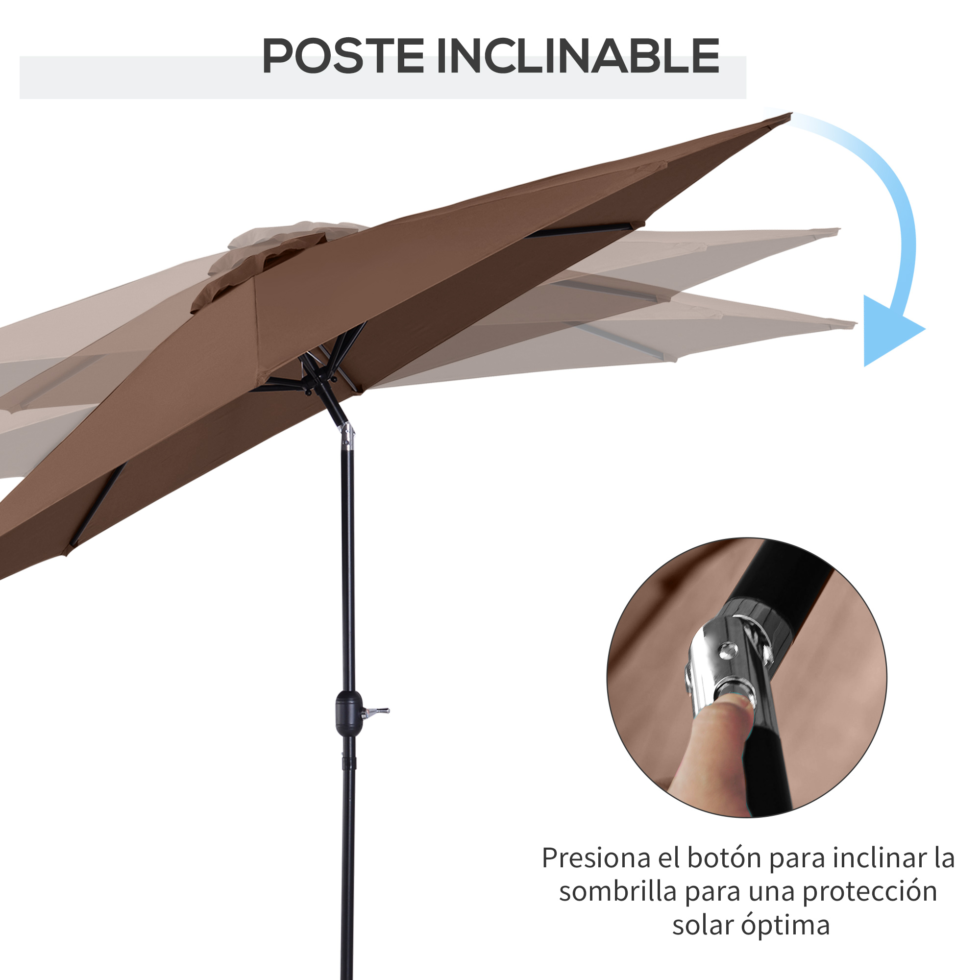 Guarda-sol de jardim Outsunny Ø295x250 cm com manivela, guarda-sol externo com mecanismo de inclinação e mastro de metal removível para terraço, piscina, pátio e café.