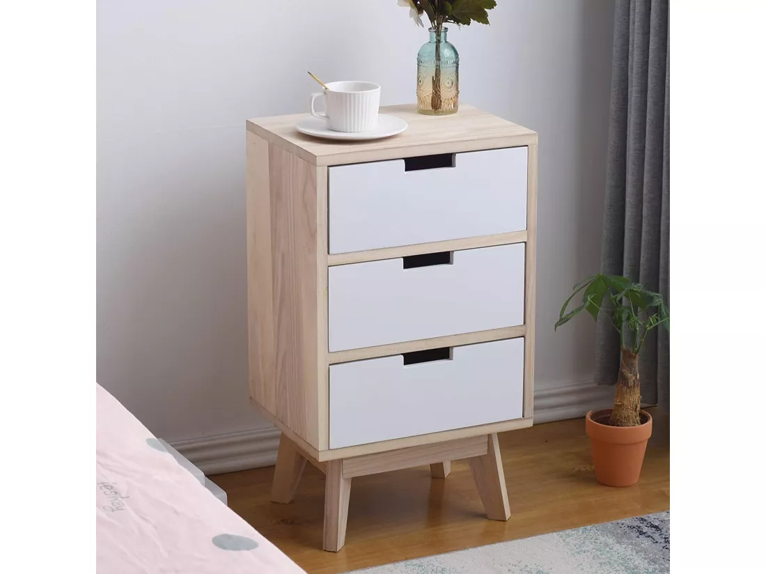 Commode Armoire 3 Tiroirs Bois Blanc Moderne 65x35x27