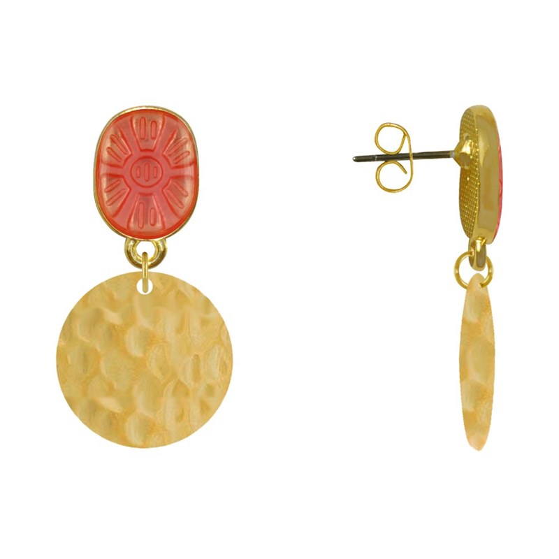 Boucles d'Oreilles Laiton Doré Ovale Soleil en Résine et Pastille Martelée